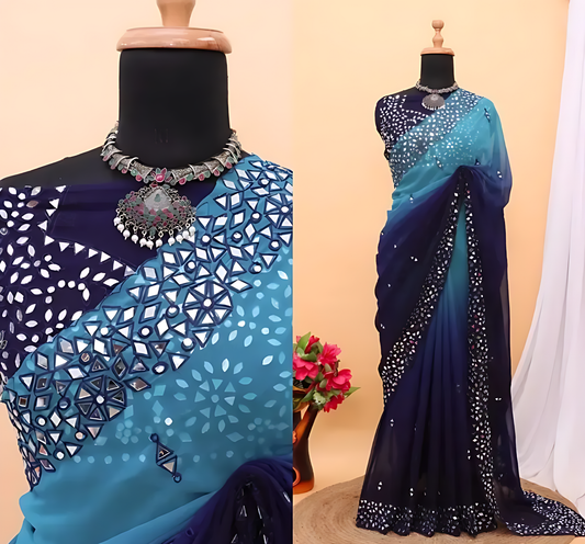 Mirror Work Multicolored Saree  💙 (DB-S-015)